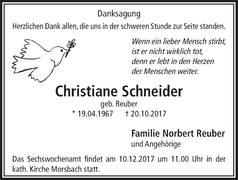  Traueranzeige für Christiane Schneider vom 06.12.2017 aus  Lokalanzeiger 