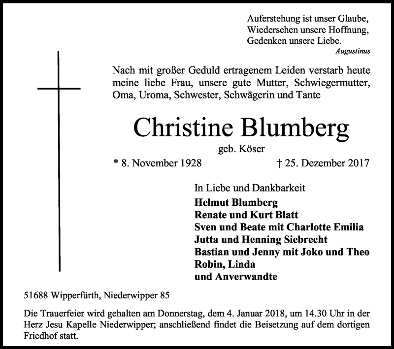  Traueranzeige für Christine Blumberg vom 28.12.2017 aus Kölner Stadt-Anzeiger / Kölnische Rundschau / Express