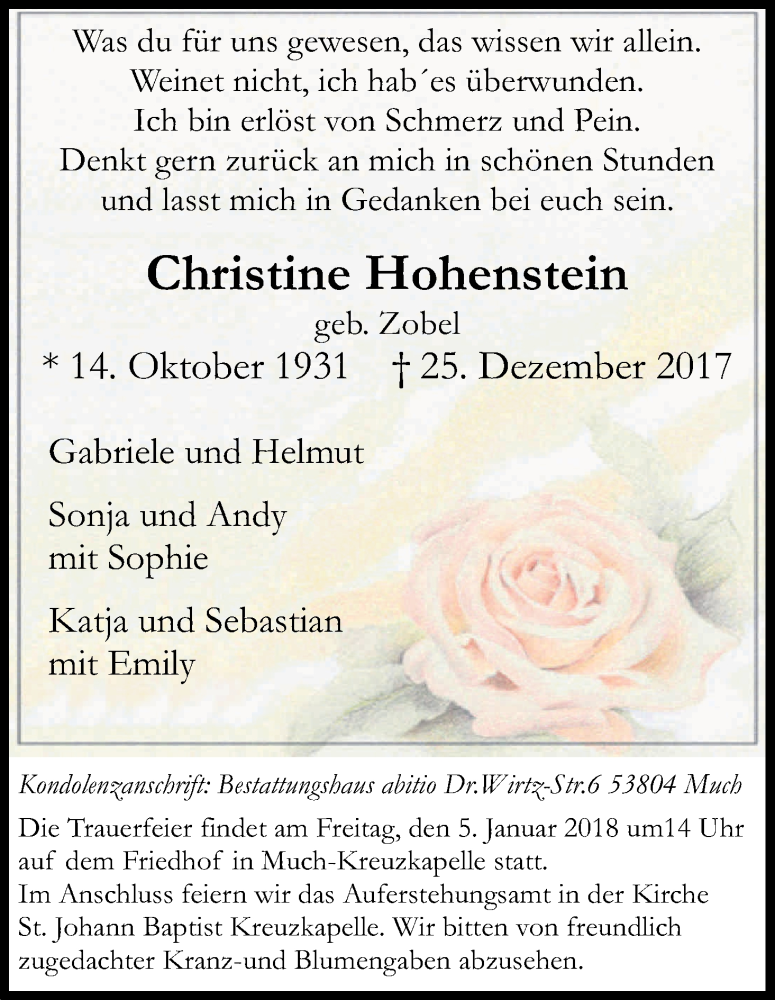  Traueranzeige für Christine Hohenstein vom 30.12.2017 aus Kölner Stadt-Anzeiger / Kölnische Rundschau / Express