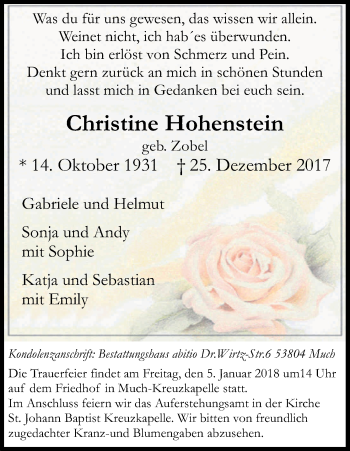 Anzeige von Christine Hohenstein von Kölner Stadt-Anzeiger / Kölnische Rundschau / Express
