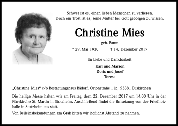 Anzeige von Christine Mies von Kölner Stadt-Anzeiger / Kölnische Rundschau / Express