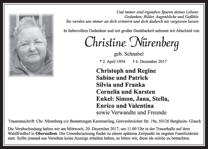  Traueranzeige für Christine Nürenberg vom 16.12.2017 aus  Sonntags-Post 