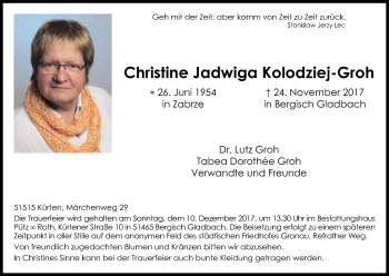 Anzeige von Christine Jadwiga Kolodziej-Groh von Kölner Stadt-Anzeiger / Kölnische Rundschau / Express