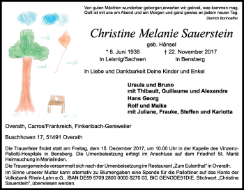 Anzeige von Christine Melanie Sauerstein von Kölner Stadt-Anzeiger / Kölnische Rundschau / Express
