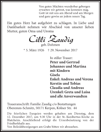 Anzeige von Cilli Zaudig von  Sonntags-Post 