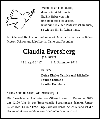 Anzeige von Claudia Eversberg von Kölner Stadt-Anzeiger / Kölnische Rundschau / Express