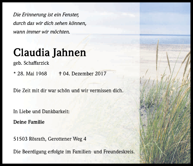  Traueranzeige für Claudia Jahnen vom 16.12.2017 aus Kölner Stadt-Anzeiger / Kölnische Rundschau / Express