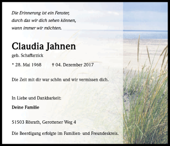 Anzeige von Claudia Jahnen von Kölner Stadt-Anzeiger / Kölnische Rundschau / Express