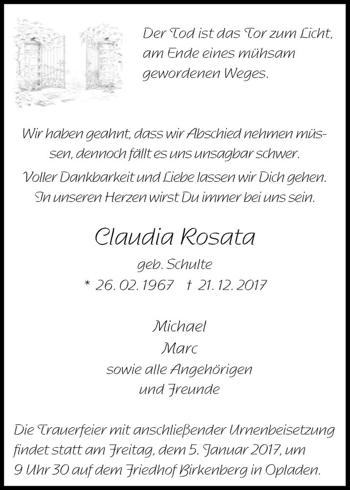  Traueranzeige für Claudia Rosata vom 30.12.2017 aus Kölner Stadt-Anzeiger / Kölnische Rundschau / Express