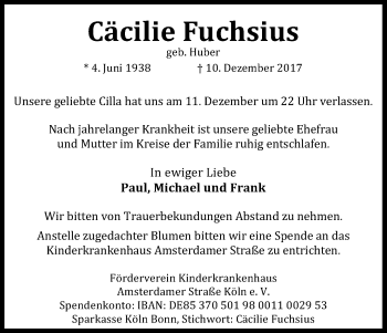 Anzeige von Cäcilie Fuchsius von Kölner Stadt-Anzeiger / Kölnische Rundschau / Express