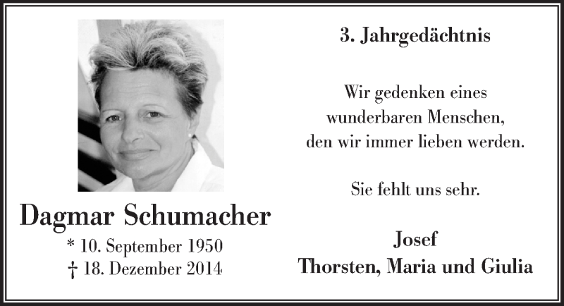  Traueranzeige für Dagmar Schumacher vom 23.12.2017 aus  Rhein-Sieg-Wochenende 