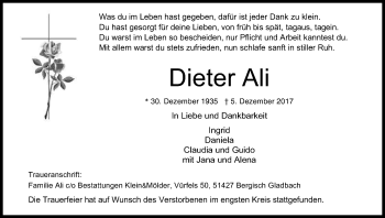 Anzeige von Dieter Ali von Kölner Stadt-Anzeiger / Kölnische Rundschau / Express