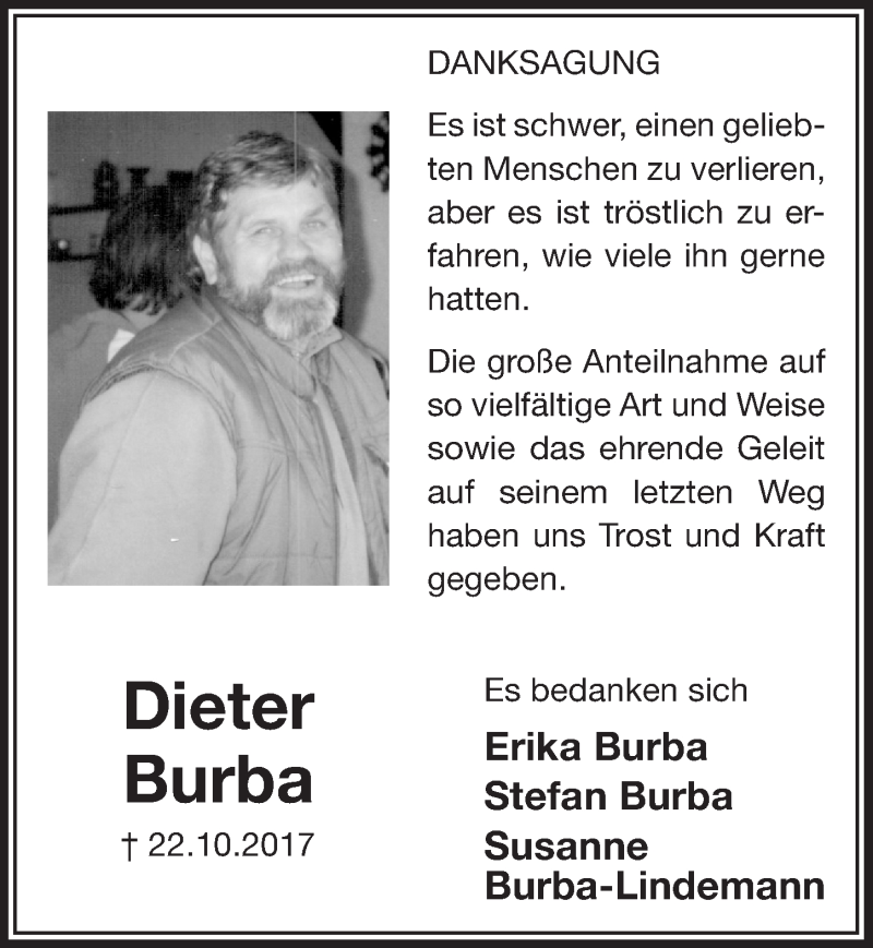  Traueranzeige für Dieter Burba vom 06.12.2017 aus  Anzeigen Echo 