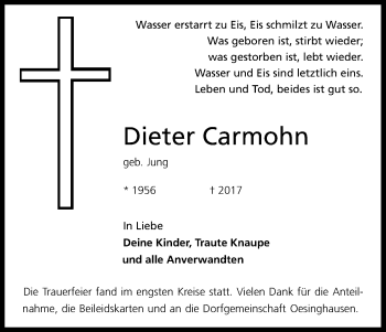 Anzeige von Dieter Carmohn von Kölner Stadt-Anzeiger / Kölnische Rundschau / Express