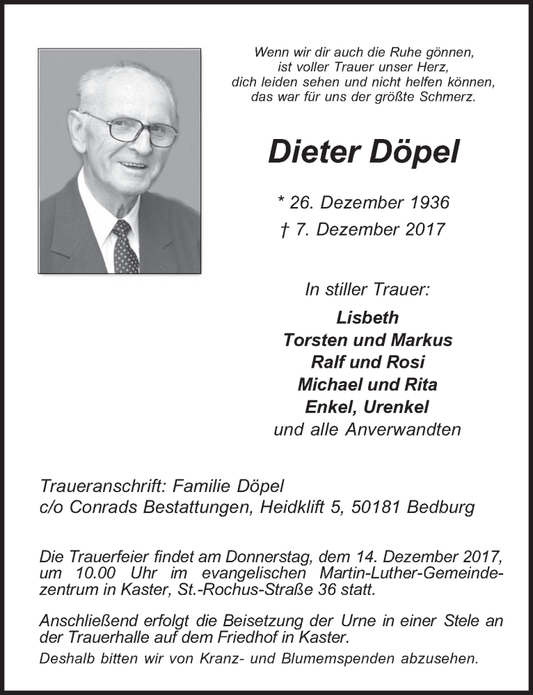  Traueranzeige für Dieter Döpel vom 13.12.2017 aus  Werbepost 