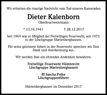 Anzeige von Dieter Kalenborn von Kölner Stadt-Anzeiger / Kölnische Rundschau / Express