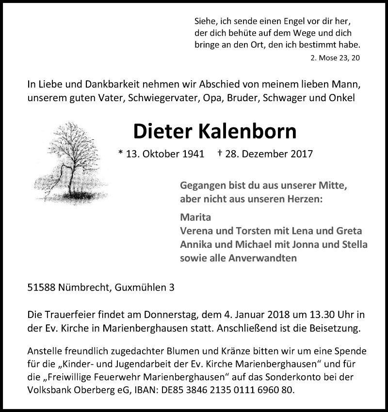  Traueranzeige für Dieter Kalenborn vom 30.12.2017 aus Kölner Stadt-Anzeiger / Kölnische Rundschau / Express