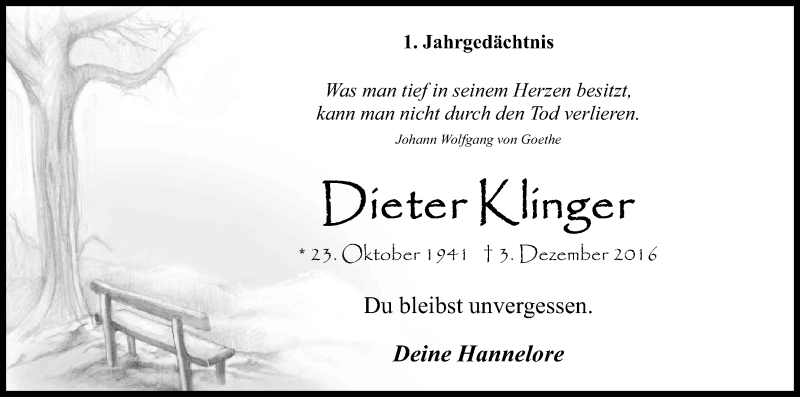  Traueranzeige für Dieter Klinger vom 02.12.2017 aus Kölner Stadt-Anzeiger / Kölnische Rundschau / Express