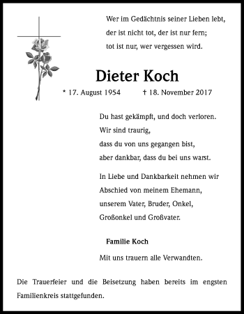 Anzeige von Dieter Koch von Kölner Stadt-Anzeiger / Kölnische Rundschau / Express