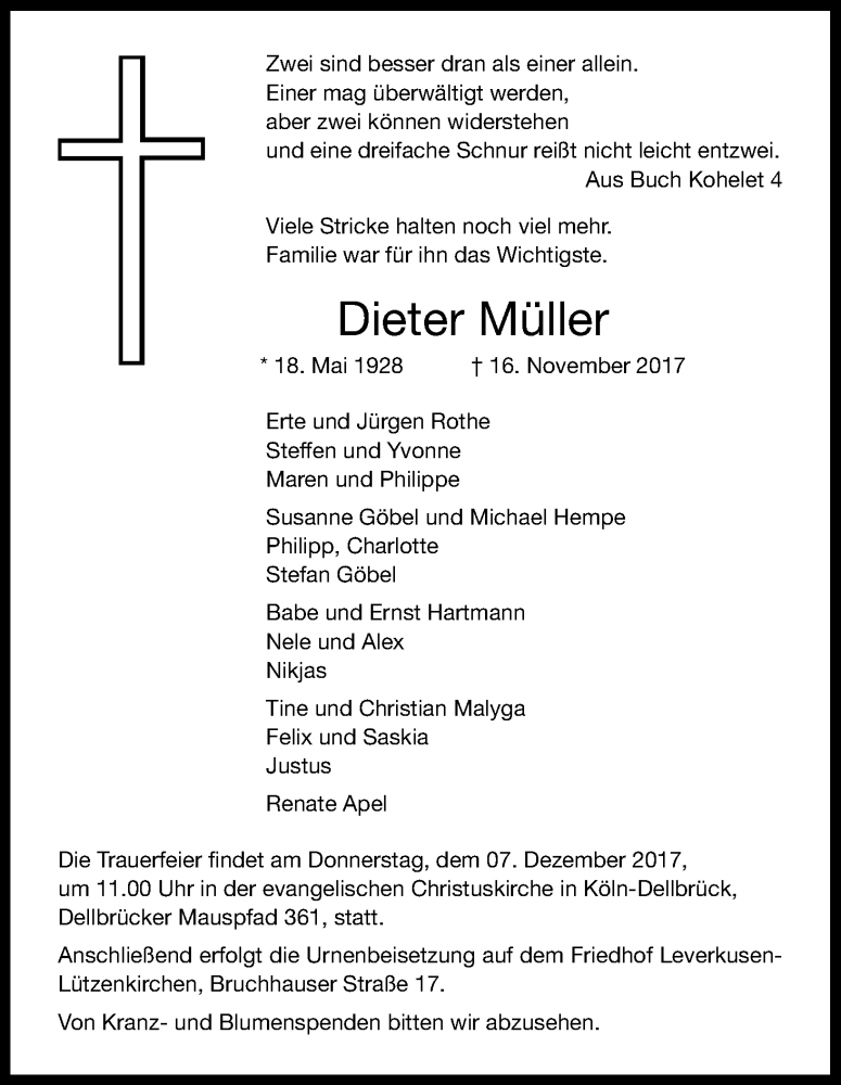  Traueranzeige für Dieter Müller vom 02.12.2017 aus Kölner Stadt-Anzeiger / Kölnische Rundschau / Express