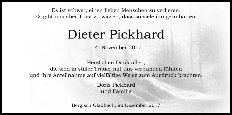  Traueranzeige für Dieter Pickhard vom 16.12.2017 aus Kölner Stadt-Anzeiger / Kölnische Rundschau / Express