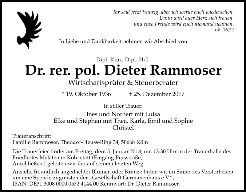  Traueranzeige für Dieter Rammoser vom 30.12.2017 aus Kölner Stadt-Anzeiger / Kölnische Rundschau / Express