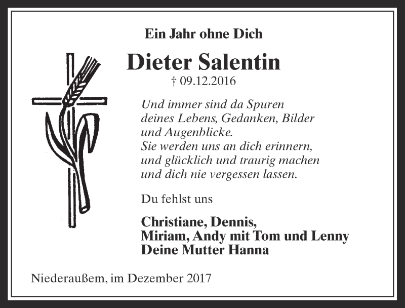  Traueranzeige für Dieter Salentin vom 06.12.2017 aus  Werbepost 