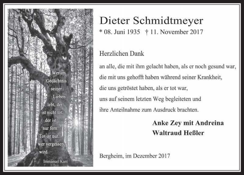  Traueranzeige für Dieter Schmidtmeyer vom 06.12.2017 aus  Werbepost 