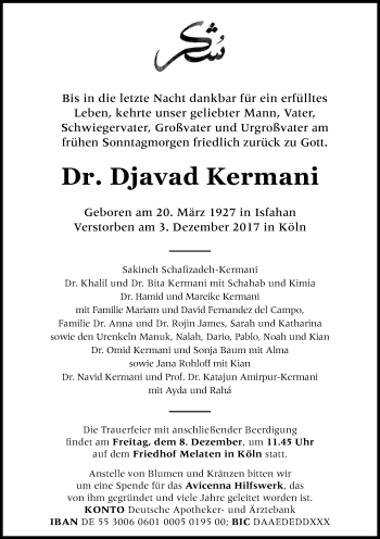Anzeige von Djavad Kermani von Kölner Stadt-Anzeiger / Kölnische Rundschau / Express