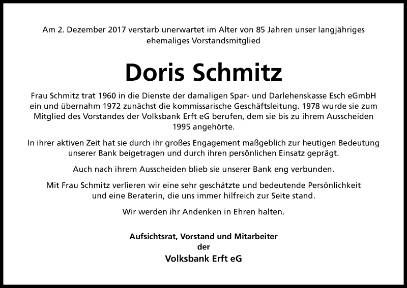  Traueranzeige für Doris Schmitz vom 09.12.2017 aus Kölner Stadt-Anzeiger / Kölnische Rundschau / Express