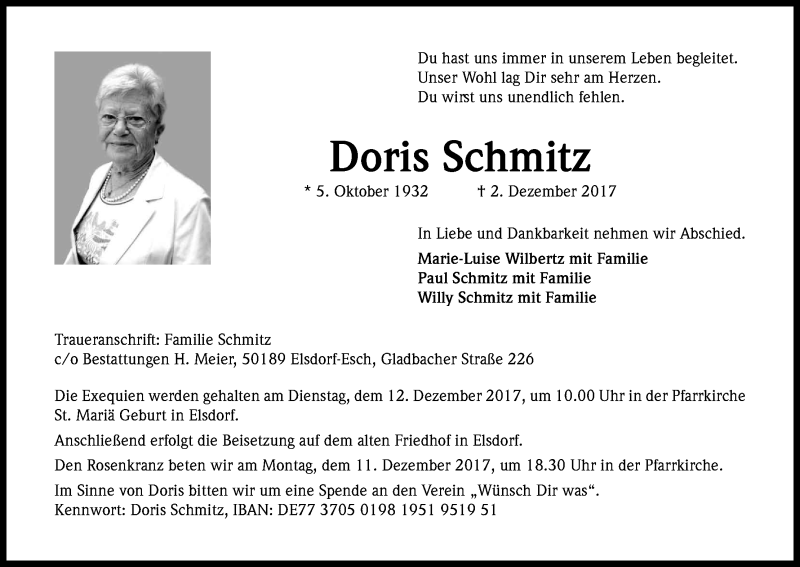 Traueranzeige für Doris Schmitz vom 09.12.2017 aus Kölner Stadt-Anzeiger / Kölnische Rundschau / Express