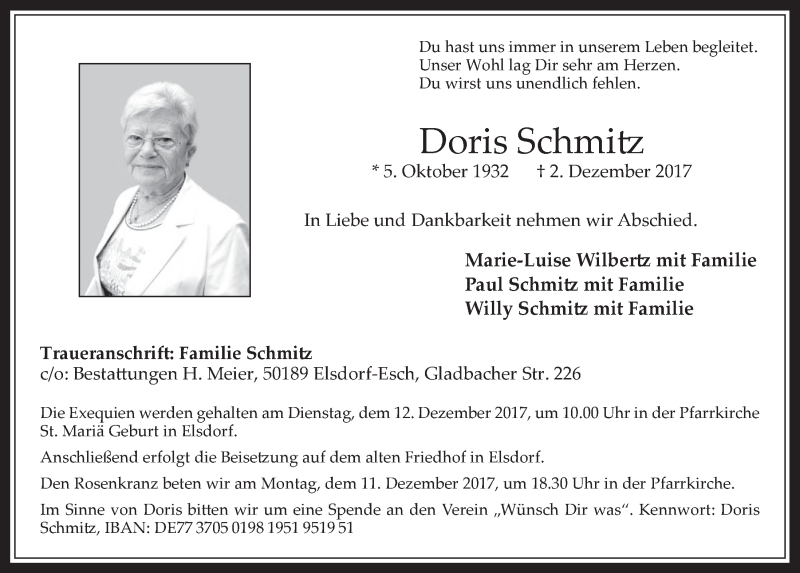  Traueranzeige für Doris Schmitz vom 09.12.2017 aus  Sonntags-Post 