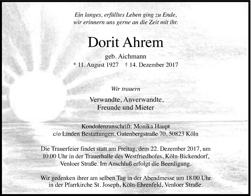  Traueranzeige für Dorit Ahrem vom 20.12.2017 aus Kölner Stadt-Anzeiger / Kölnische Rundschau / Express