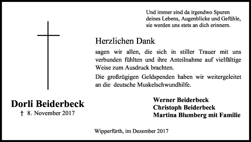  Traueranzeige für Dorli Beiderbeck vom 16.12.2017 aus Kölner Stadt-Anzeiger / Kölnische Rundschau / Express