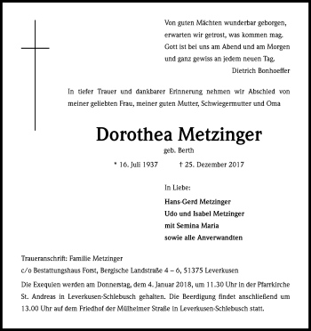 Anzeige von Dorothea Metzinger von Kölner Stadt-Anzeiger / Kölnische Rundschau / Express