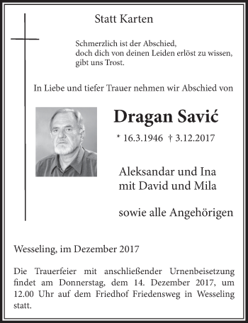 Anzeige von Dragan Savic von  Schlossbote/Werbekurier 