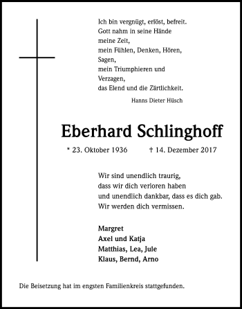 Anzeige von Eberhard Schlinghoff von Kölner Stadt-Anzeiger / Kölnische Rundschau / Express