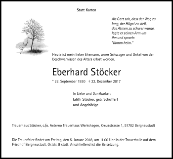Anzeige von Eberhard Stöcker von Kölner Stadt-Anzeiger / Kölnische Rundschau / Express