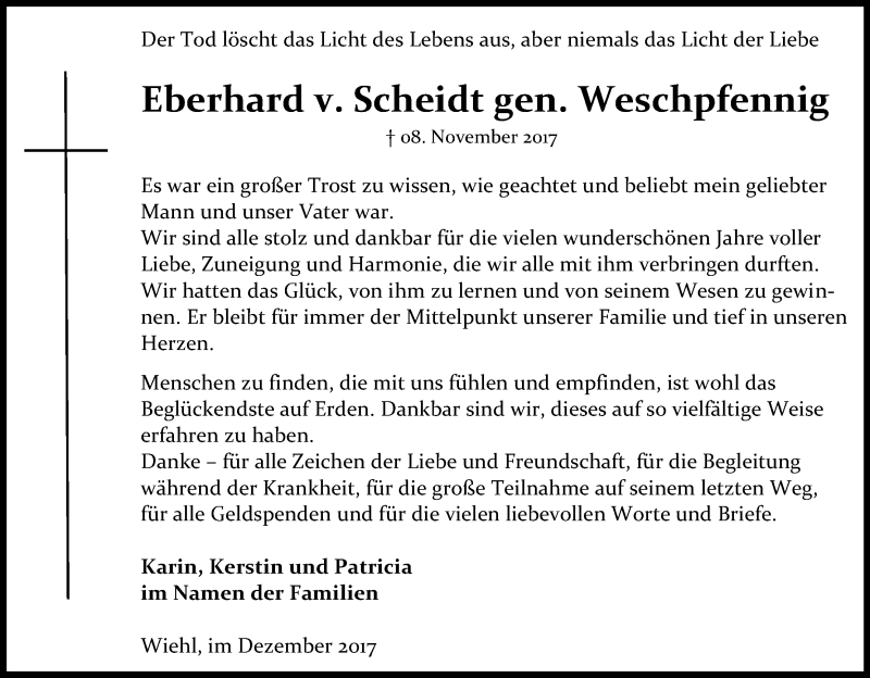 Traueranzeige für Eberhard v. Scheidt  vom 19.12.2017 aus Kölner Stadt-Anzeiger / Kölnische Rundschau / Express