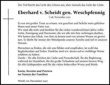 Anzeige von Eberhard v. Scheidt  von Kölner Stadt-Anzeiger / Kölnische Rundschau / Express