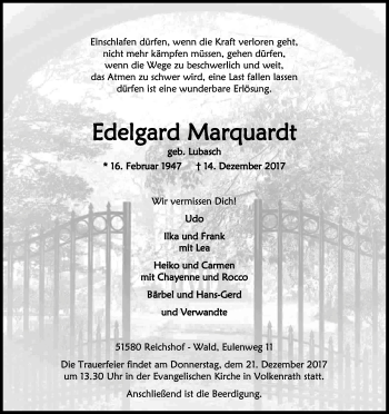 Anzeige von Edelgard Marquardt von Kölner Stadt-Anzeiger / Kölnische Rundschau / Express