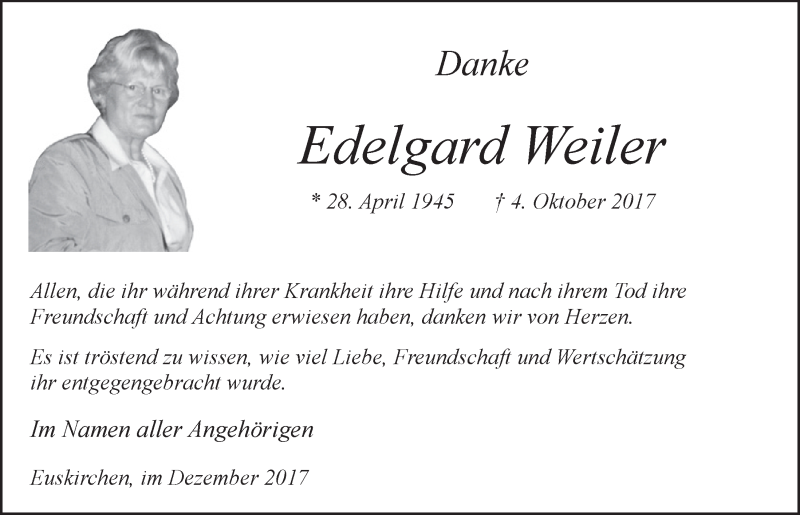  Traueranzeige für Edelgard Weiler vom 02.12.2017 aus  Blickpunkt Euskirchen 