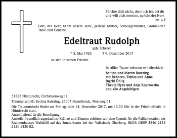 Anzeige von Edeltraut Rudolph von Kölner Stadt-Anzeiger / Kölnische Rundschau / Express