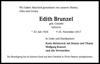 Anzeige von Edith Brunzel von Kölner Stadt-Anzeiger / Kölnische Rundschau / Express