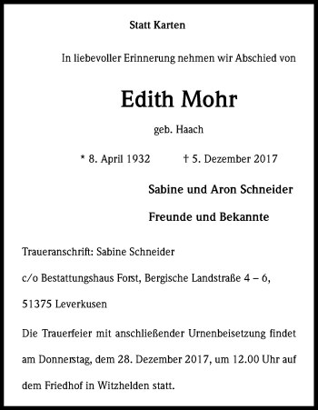 Anzeige von Edith Mohr von Kölner Stadt-Anzeiger / Kölnische Rundschau / Express