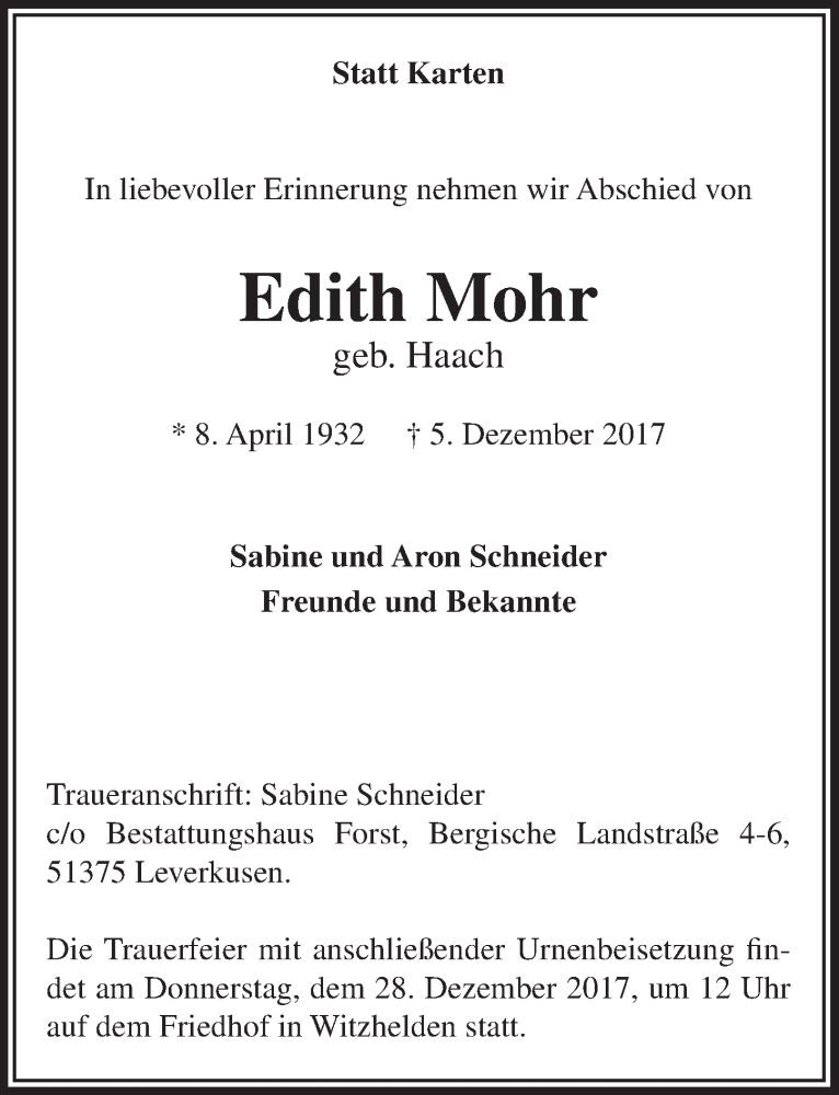  Traueranzeige für Edith Mohr vom 20.12.2017 aus  Lokale Informationen 
