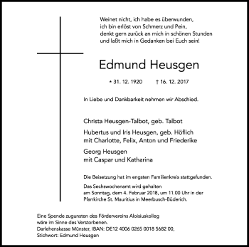 Anzeige von Edmund Heusgen von Kölner Stadt-Anzeiger / Kölnische Rundschau / Express