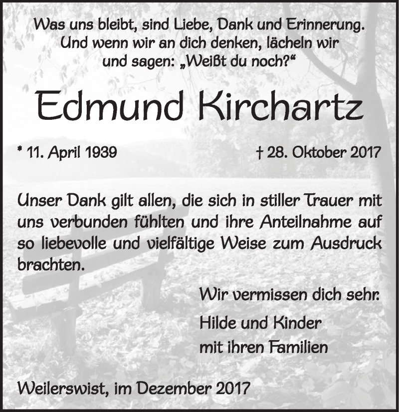  Traueranzeige für Edmund Kirchartz vom 09.12.2017 aus  Blickpunkt Euskirchen 