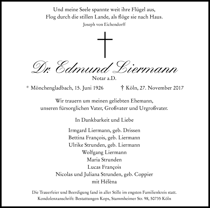  Traueranzeige für Edmund Liermann vom 16.12.2017 aus Kölner Stadt-Anzeiger / Kölnische Rundschau / Express