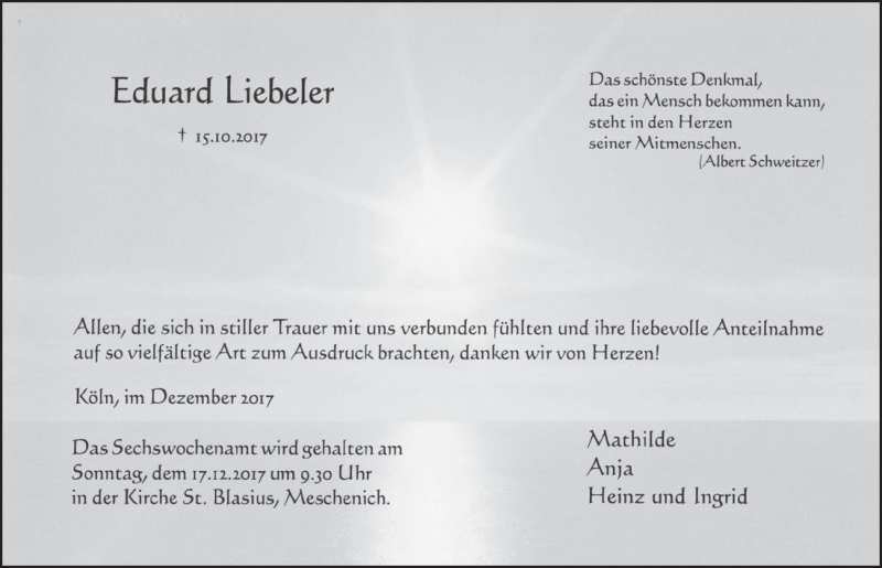  Traueranzeige für Eduard Liebeler vom 06.12.2017 aus  Schlossbote/Werbekurier 